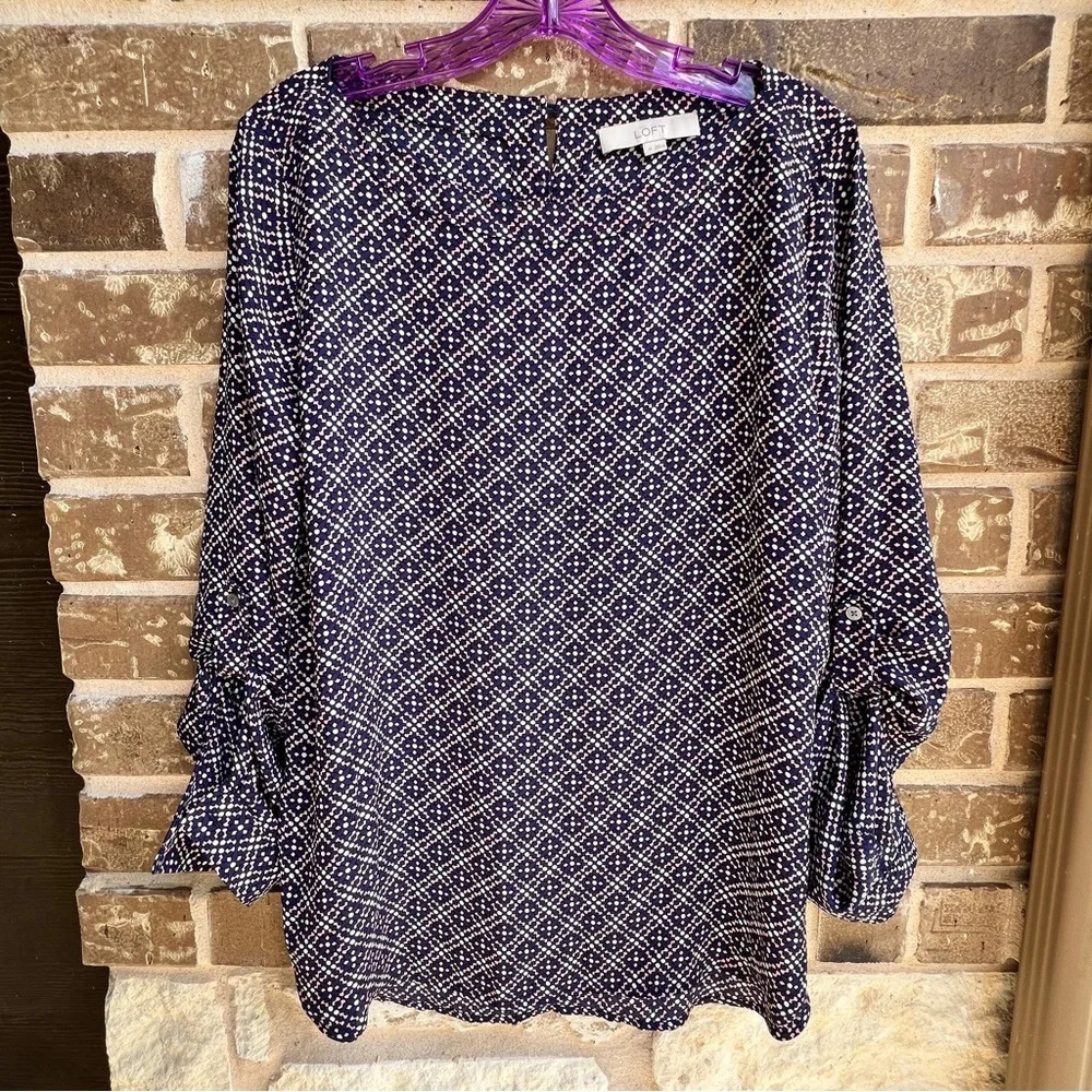 Loft Blue Pink & White Geometric Blouse, M